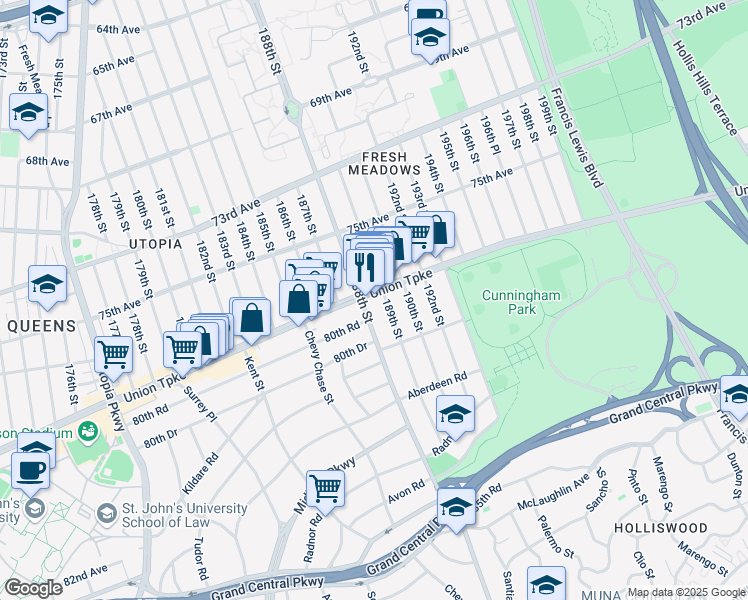 map of restaurants, bars, coffee shops, grocery stores, and more near 188-21 Union Turnpike in Queens