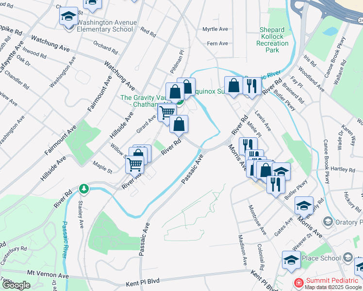 map of restaurants, bars, coffee shops, grocery stores, and more near 17 Watchung Avenue in Chatham