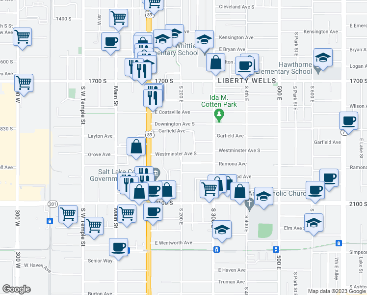 map of restaurants, bars, coffee shops, grocery stores, and more near 1873 South 200 East in Salt Lake City