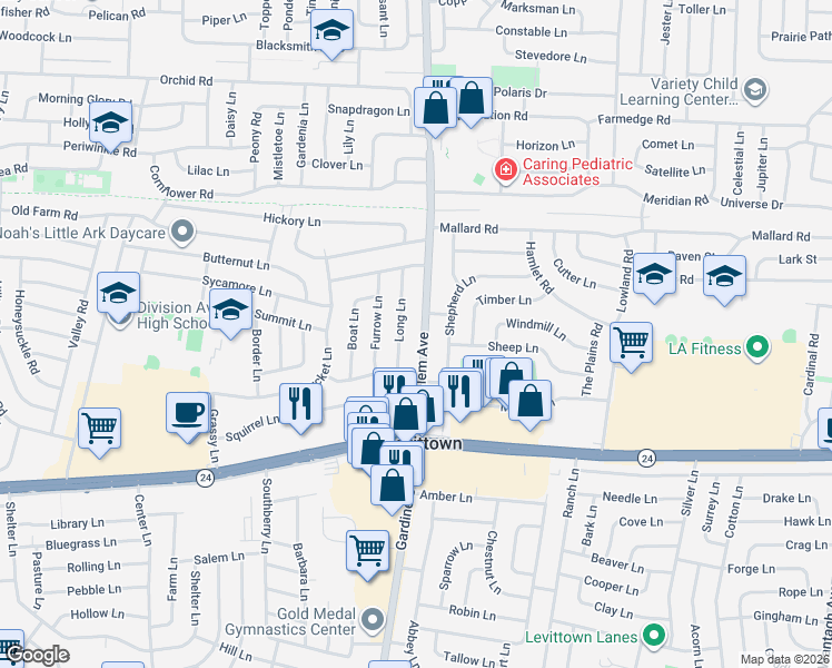 map of restaurants, bars, coffee shops, grocery stores, and more near 27 Long Lane in Levittown