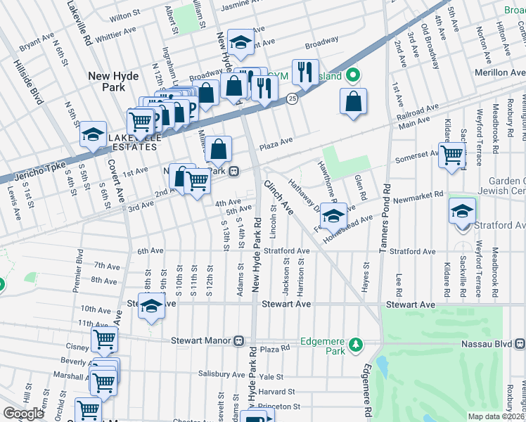 map of restaurants, bars, coffee shops, grocery stores, and more near 166 Lincoln Street in Garden City