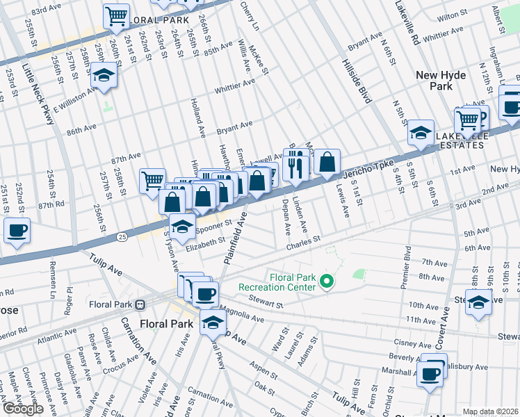 map of restaurants, bars, coffee shops, grocery stores, and more near 302 New York 25 in Floral Park