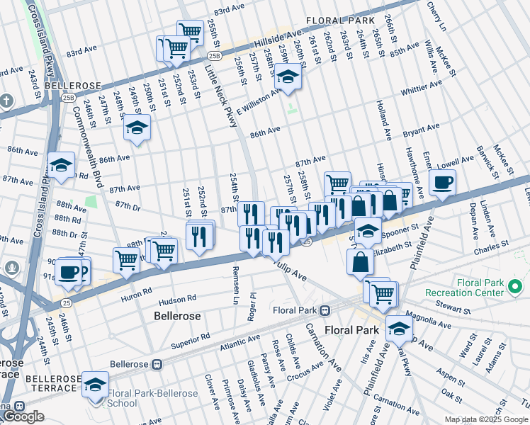 map of restaurants, bars, coffee shops, grocery stores, and more near 255-14 87th Terrace in Queens