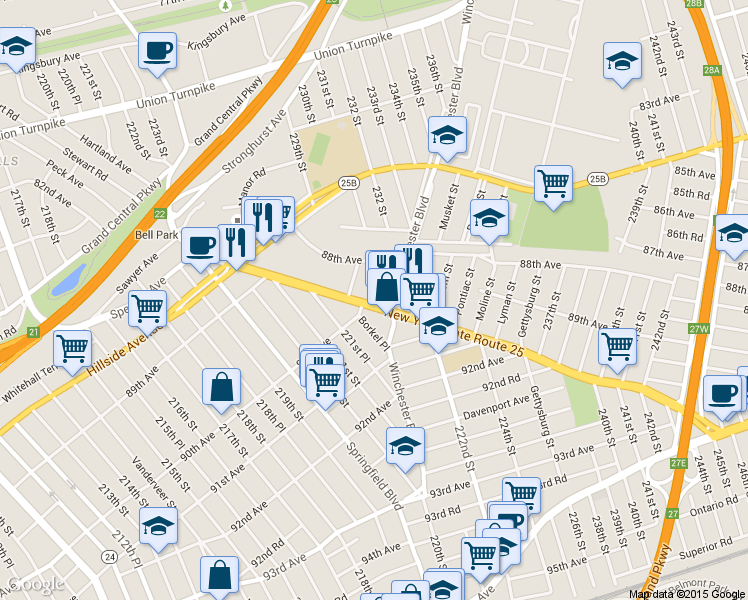 map of restaurants, bars, coffee shops, grocery stores, and more near 88-29 Billings Street in Queens