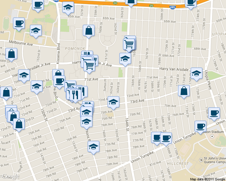 map of restaurants, bars, coffee shops, grocery stores, and more near 71-30 162nd Street in Queens