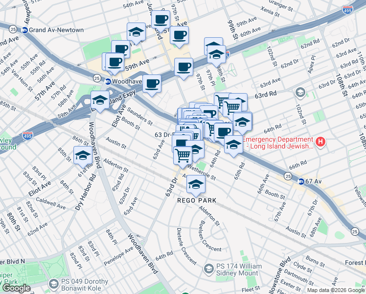 map of restaurants, bars, coffee shops, grocery stores, and more near 95-01 63rd Drive in Queens