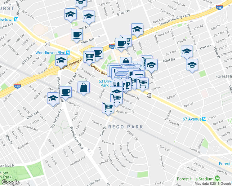 map of restaurants, bars, coffee shops, grocery stores, and more near 95-20 Queens Boulevard in Queens