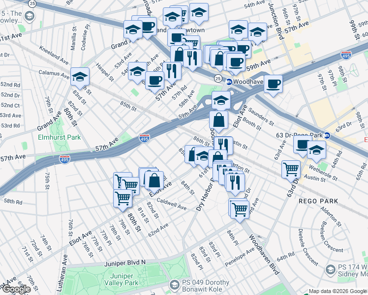 map of restaurants, bars, coffee shops, grocery stores, and more near 85-34 60th Road in Queens
