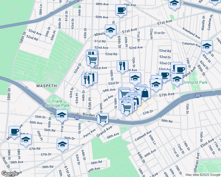 map of restaurants, bars, coffee shops, grocery stores, and more near 67-4 53rd Drive in Queens