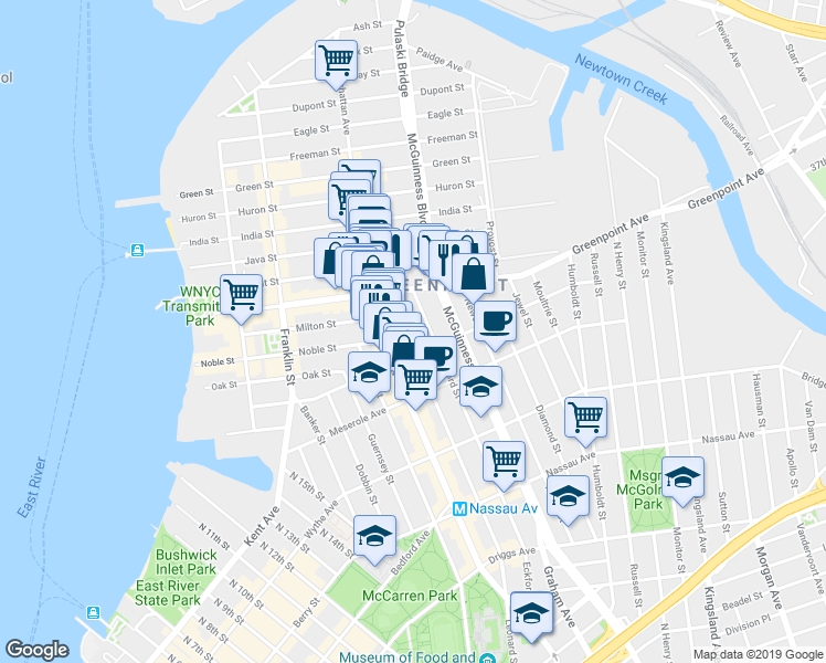 map of restaurants, bars, coffee shops, grocery stores, and more near 730 Leonard Street in Brooklyn