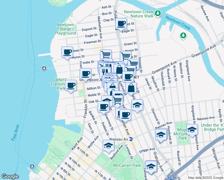 map of restaurants, bars, coffee shops, grocery stores, and more near 730 Leonard Street in Brooklyn