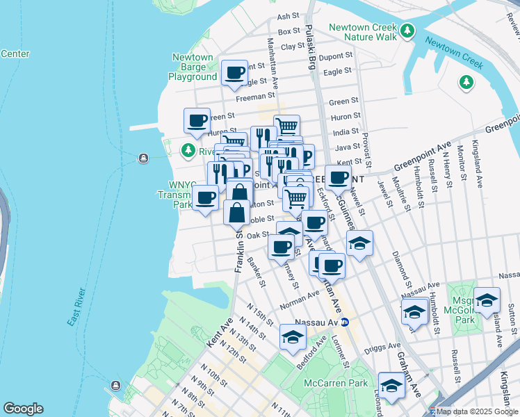 map of restaurants, bars, coffee shops, grocery stores, and more near 121 Milton Street in Brooklyn