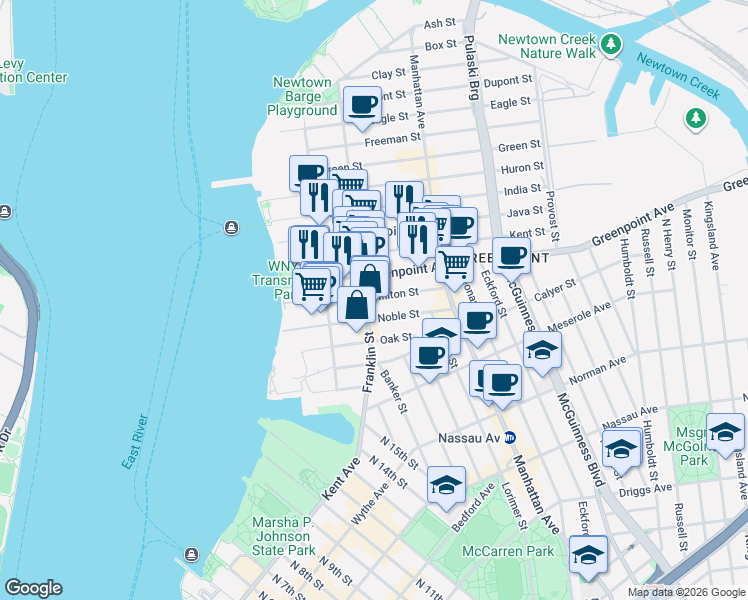 map of restaurants, bars, coffee shops, grocery stores, and more near 134 Franklin Street in Brooklyn