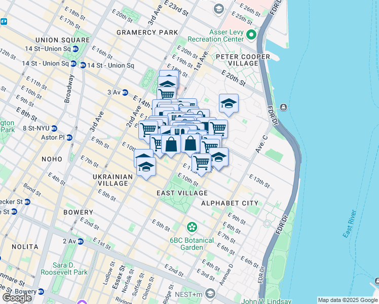 map of restaurants, bars, coffee shops, grocery stores, and more near 201 Avenue A in New York