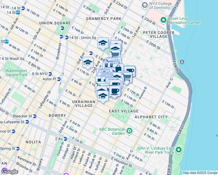 map of restaurants, bars, coffee shops, grocery stores, and more near 200 1st Avenue in New York
