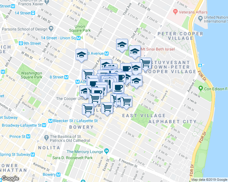map of restaurants, bars, coffee shops, grocery stores, and more near 213 East 10th Street in New York