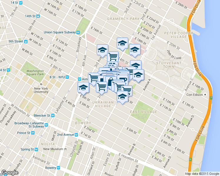 map of restaurants, bars, coffee shops, grocery stores, and more near 213 East 10th Street in New York