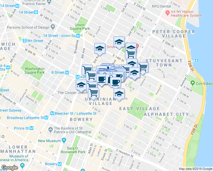 map of restaurants, bars, coffee shops, grocery stores, and more near 213 East 10th Street in New York