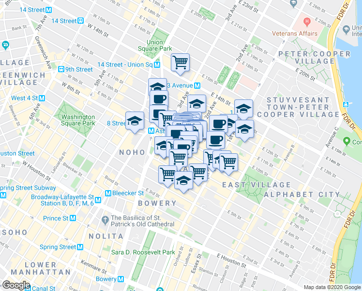 map of restaurants, bars, coffee shops, grocery stores, and more near 149 2nd Avenue in New York