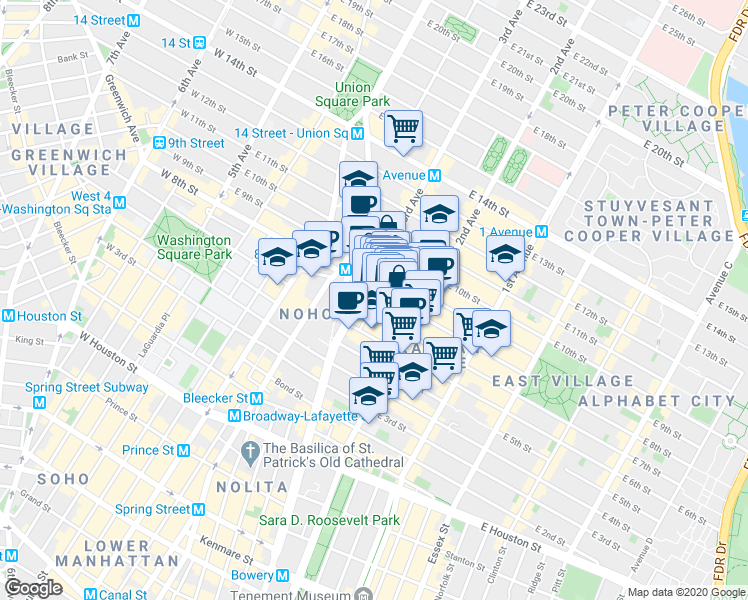 map of restaurants, bars, coffee shops, grocery stores, and more near 11 Saint Marks Place in New York
