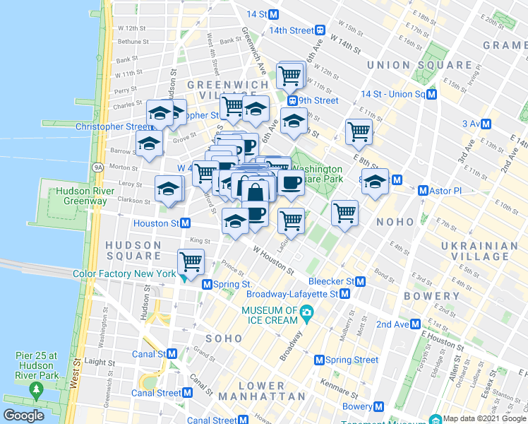 map of restaurants, bars, coffee shops, grocery stores, and more near 190 Bleecker Street in New York