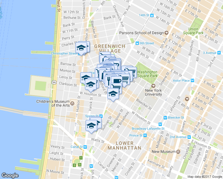 map of restaurants, bars, coffee shops, grocery stores, and more near 1 Minetta Street in New York