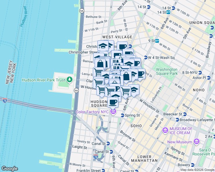 map of restaurants, bars, coffee shops, grocery stores, and more near 2 7th Avenue South in New York