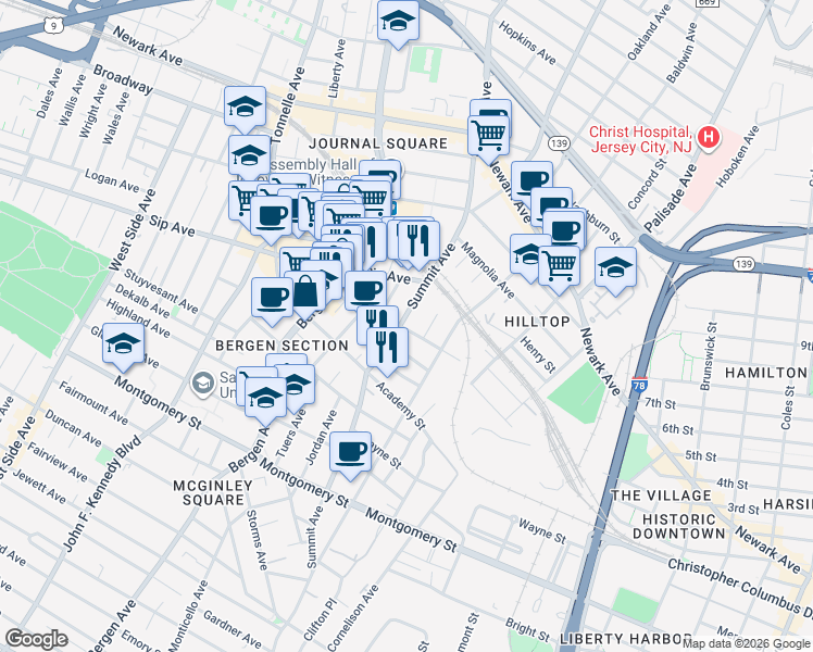 map of restaurants, bars, coffee shops, grocery stores, and more near 403-405 Summit Avenue in Jersey City