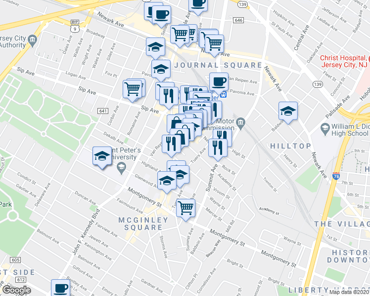 map of restaurants, bars, coffee shops, grocery stores, and more near in Jersey City