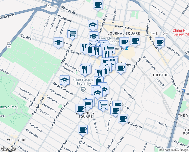 map of restaurants, bars, coffee shops, grocery stores, and more near 51 Van Reypen Street in Jersey City