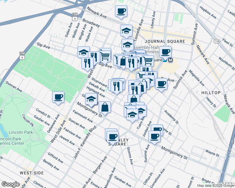 map of restaurants, bars, coffee shops, grocery stores, and more near 14 Garrison Avenue in Jersey City