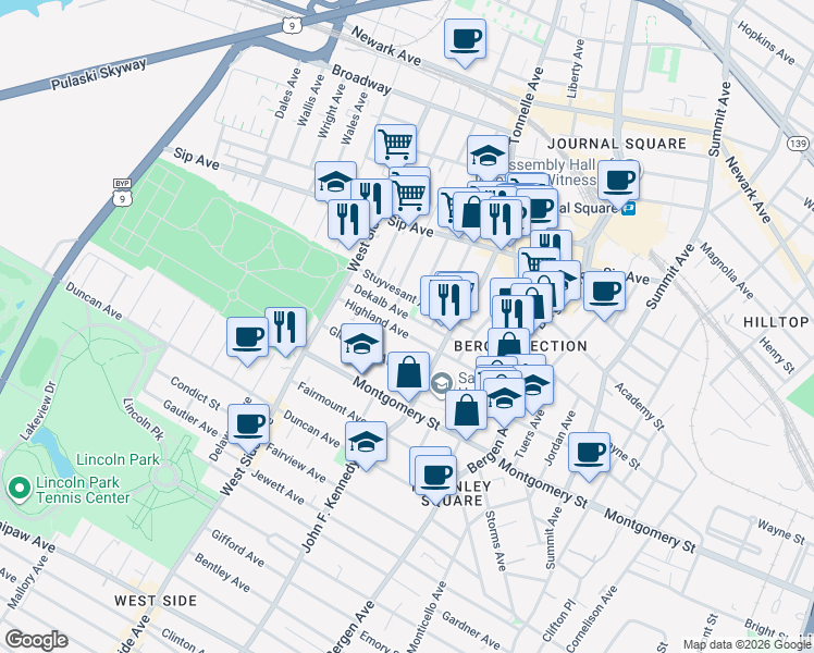 map of restaurants, bars, coffee shops, grocery stores, and more near 98 Dekalb Avenue in Jersey City
