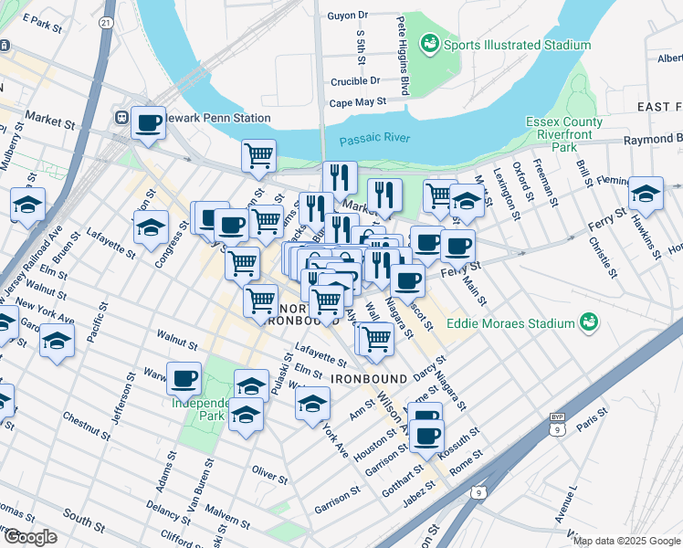 map of restaurants, bars, coffee shops, grocery stores, and more near 47 Clover Street in Newark