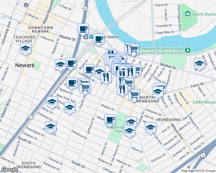 map of restaurants, bars, coffee shops, grocery stores, and more near 102 Jefferson Street in Newark