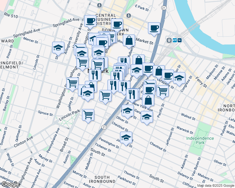map of restaurants, bars, coffee shops, grocery stores, and more near in Newark