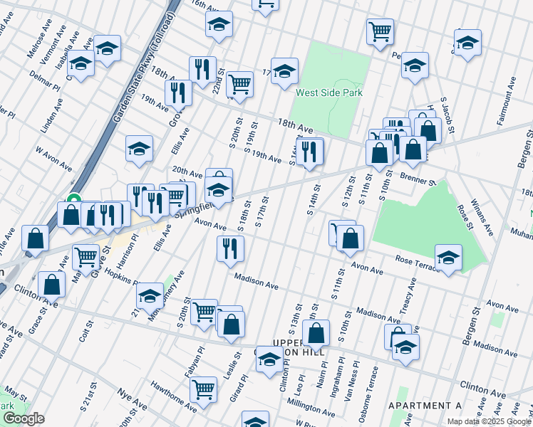 map of restaurants, bars, coffee shops, grocery stores, and more near 747 South 16th Street in Newark