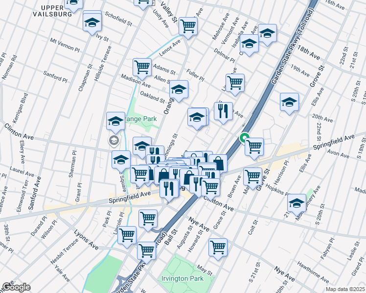 map of restaurants, bars, coffee shops, grocery stores, and more near 56 Cummings Street in Irvington