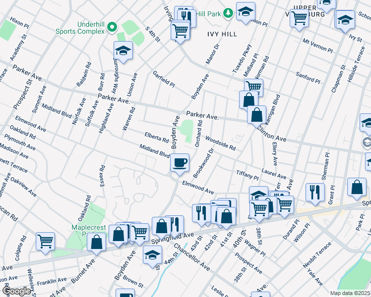 map of restaurants, bars, coffee shops, grocery stores, and more near 10 Heller Place in Maplewood