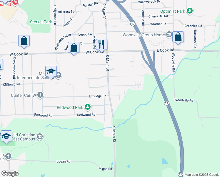 map of restaurants, bars, coffee shops, grocery stores, and more near 53 McCullough Boulevard in Mansfield