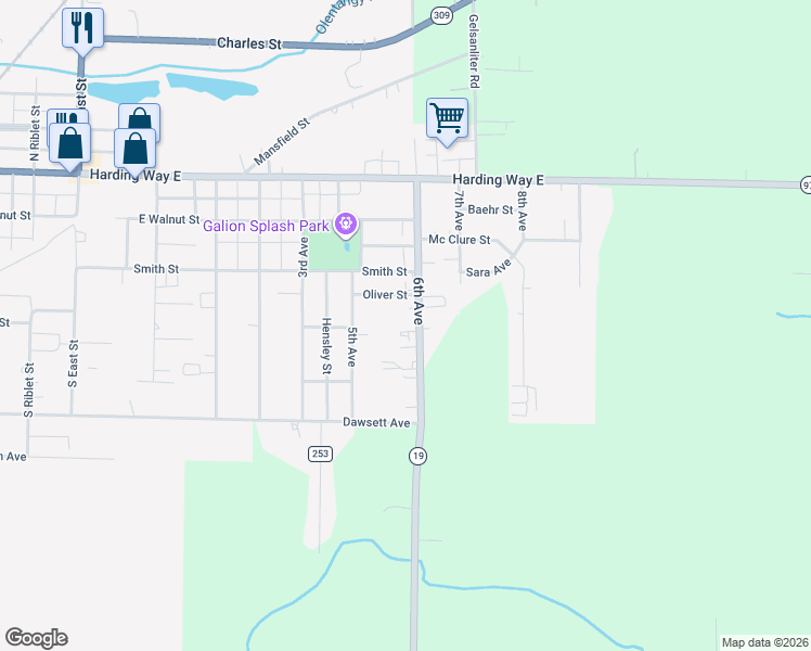 map of restaurants, bars, coffee shops, grocery stores, and more near 1259 Oliver Street in Galion