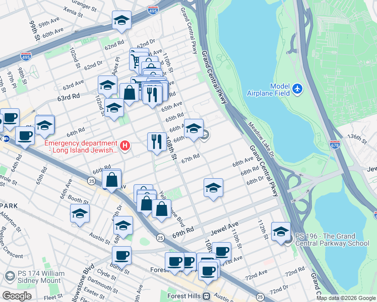 map of restaurants, bars, coffee shops, grocery stores, and more near 108-34 67th Avenue in Queens