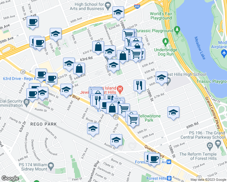 map of restaurants, bars, coffee shops, grocery stores, and more near 99-78 65th Road in Queens