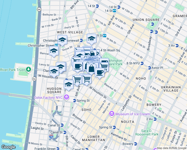 map of restaurants, bars, coffee shops, grocery stores, and more near 179 Bleecker Street in New York