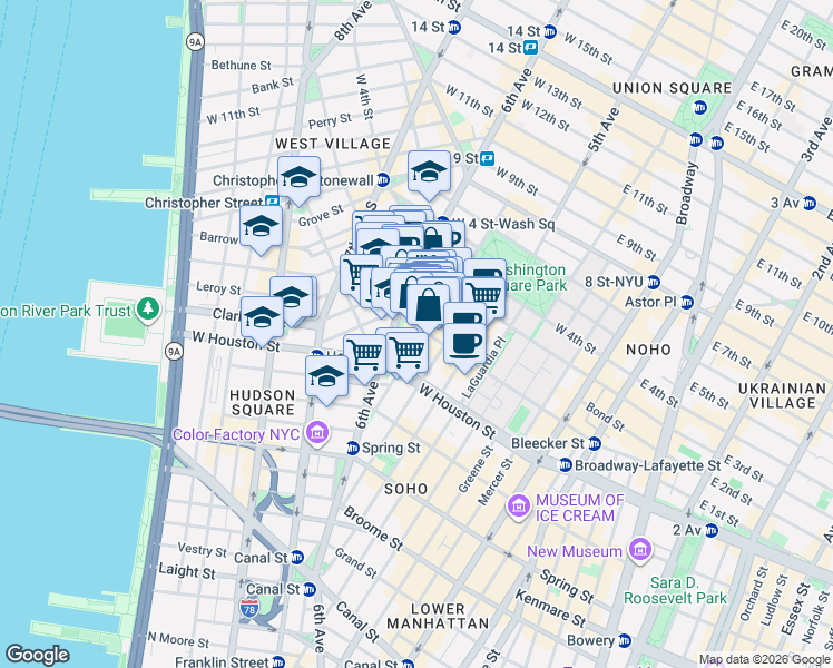 map of restaurants, bars, coffee shops, grocery stores, and more near 190 Bleecker Street in New York