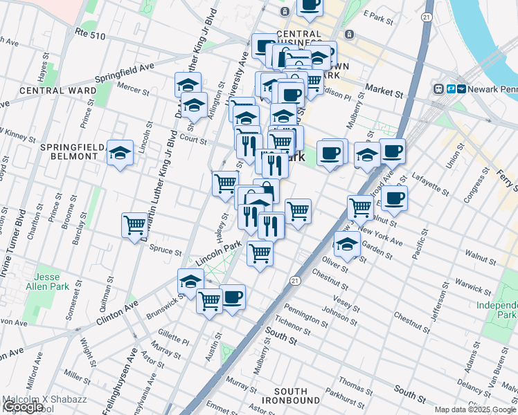 map of restaurants, bars, coffee shops, grocery stores, and more near 999 Broad Street in Newark