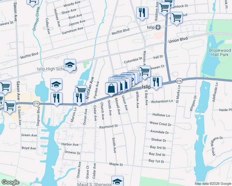 map of restaurants, bars, coffee shops, grocery stores, and more near 463 East Main Street in Islip