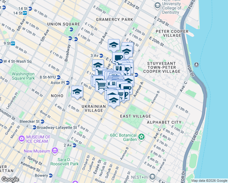 map of restaurants, bars, coffee shops, grocery stores, and more near 167 1st Avenue in New York