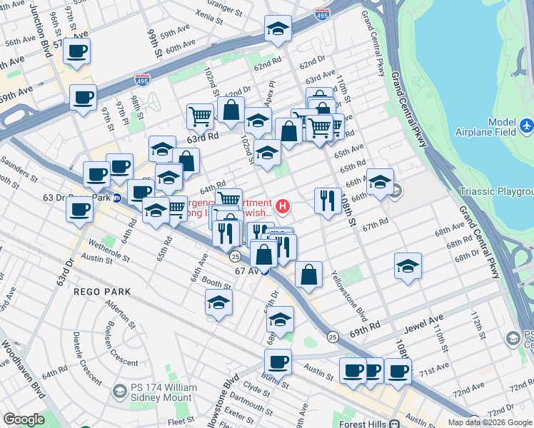 map of restaurants, bars, coffee shops, grocery stores, and more near 99-63 66th Avenue in Queens