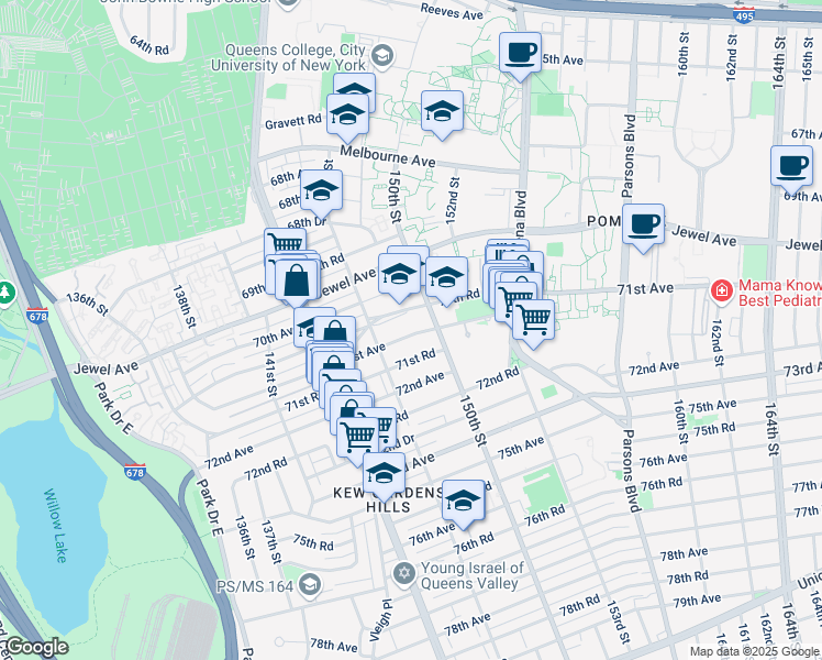 map of restaurants, bars, coffee shops, grocery stores, and more near 147-36 70th Road in Queens