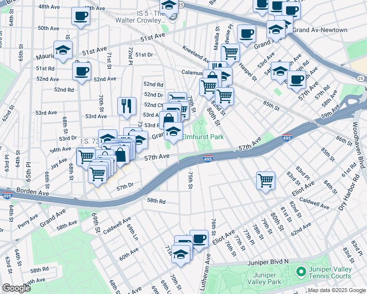 map of restaurants, bars, coffee shops, grocery stores, and more near 74-04 Grand Avenue in Queens